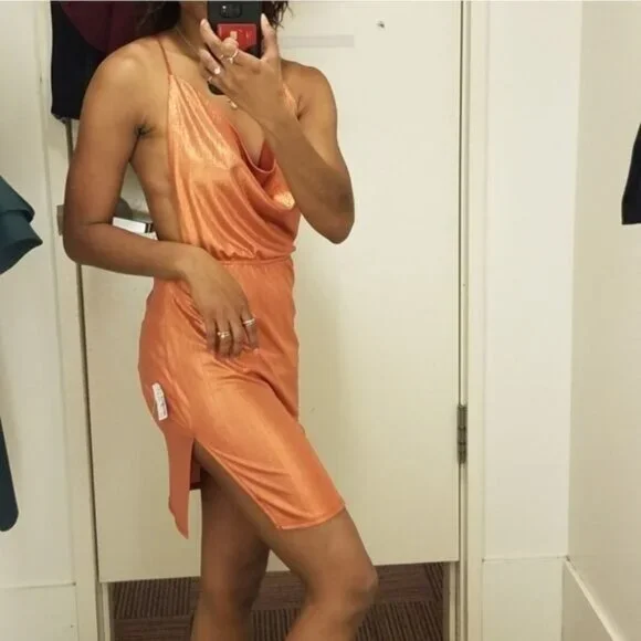 Y2K Copper Metallic Dress M Cowl Neck Mini Strappy Open Back Festival Going Out - Picture 7 of 9